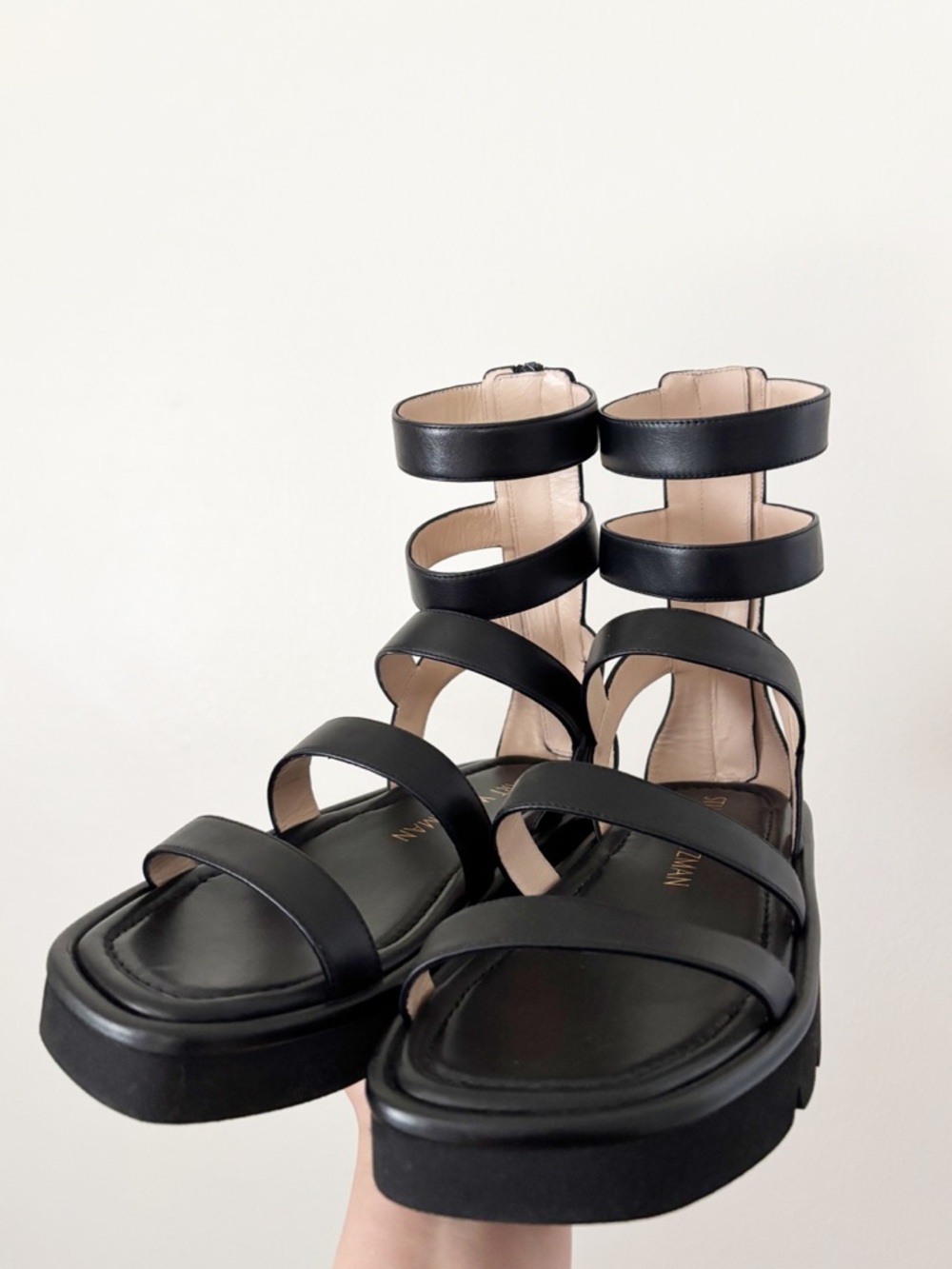Stuart Weitzman Black Leather Gala Lift Sandal